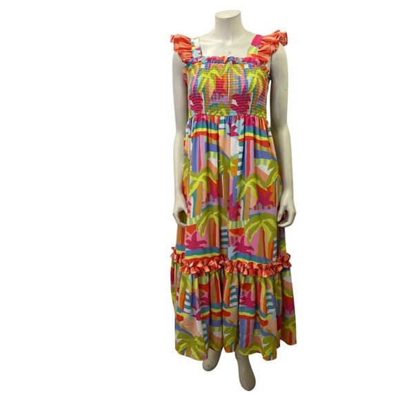 Crosby by Mollie Burch Colorful Smocked Maxi Dress Ruffled Straps & Hem Md - Picture 3 of 10